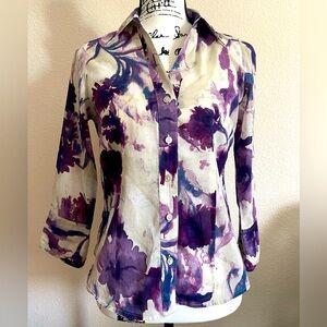 Ann Taylor Floral Design Button Down Shirt Blouse